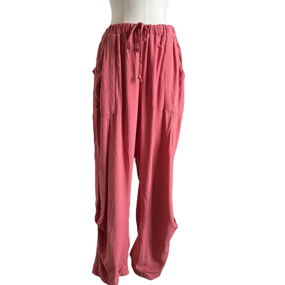 Tarse Pants Womens XL Linen Blend Wide Leg Cargo Pleated Pink Rose Drawstring